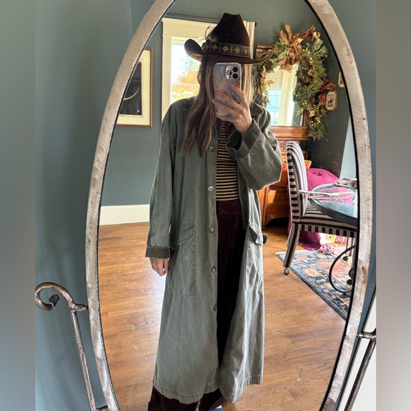 Vtg LL Bean Long Canvas Coat Size L Barn Chore Duster Corduroy Collar Green USA - Picture 2 of 15